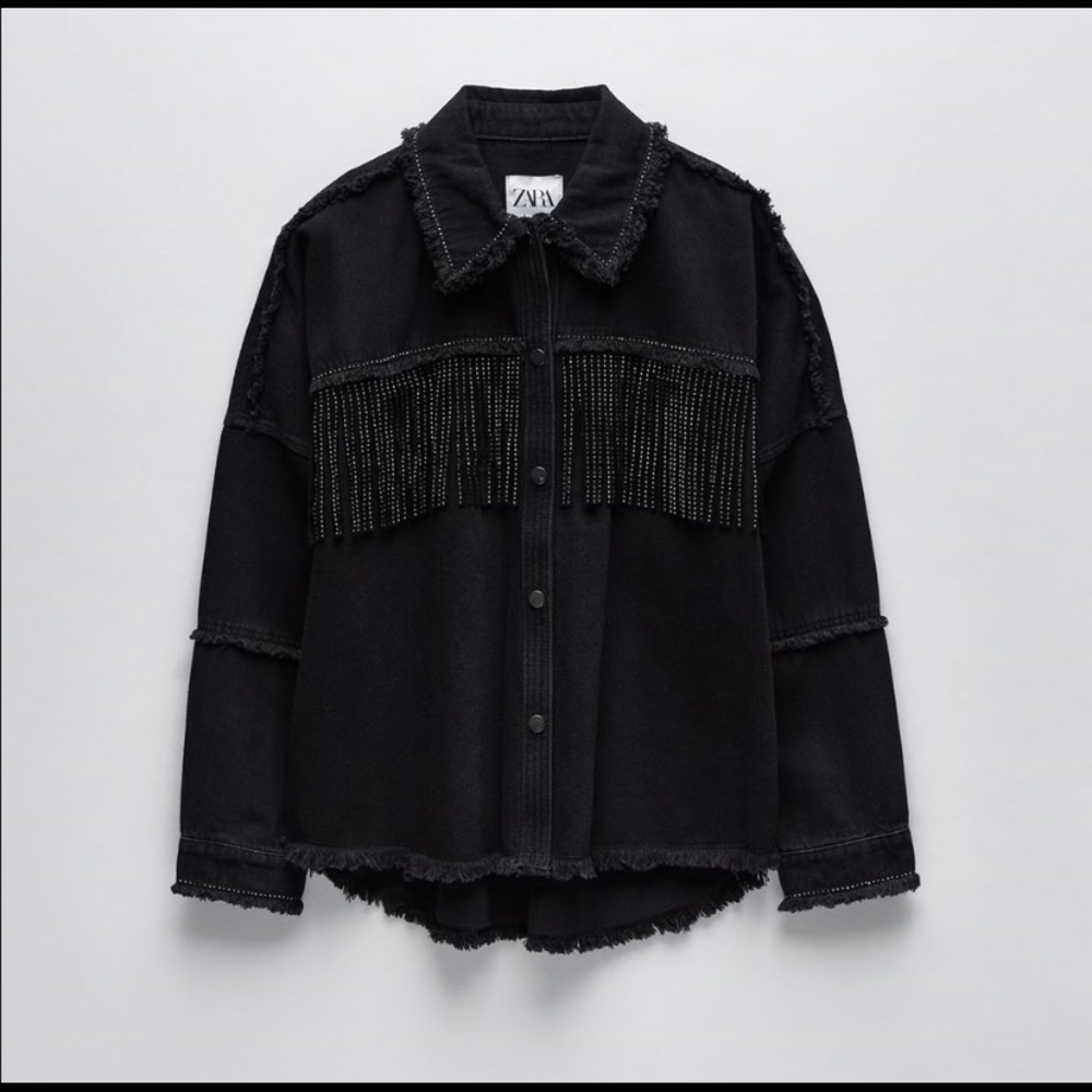 ZARA NWT Black Denim Rhinestone Fringe Jacket